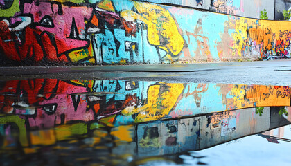 Fototapeta premium A graffiti-covered urban wall, showcasing vibrant colors, bold lines, and an edgy, artistic vibe