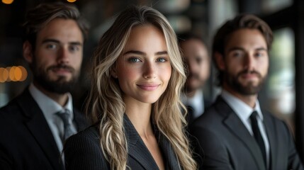 Young business professionals posing confidently in a modern office environment during a networking event