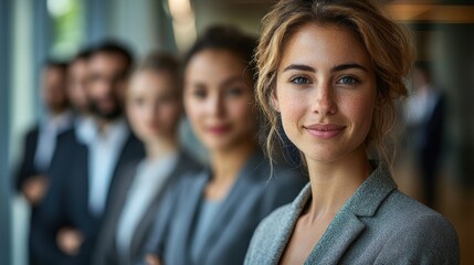 A professional business woman stands confidently in a corporate setting with colleagues engaged in discussion nearby