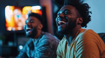 Obraz premium Young men laughing while watching a comedy show on TV.