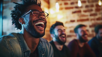 Obraz premium Young men laughing while watching a comedy show on TV.