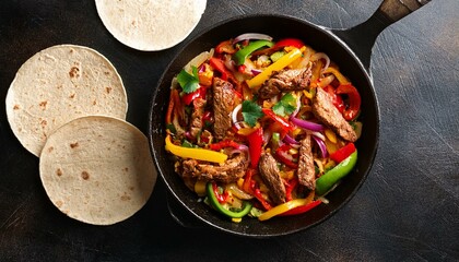 top down photo of mexican steak and chicken fajitas in iron skillet with corn tortillas