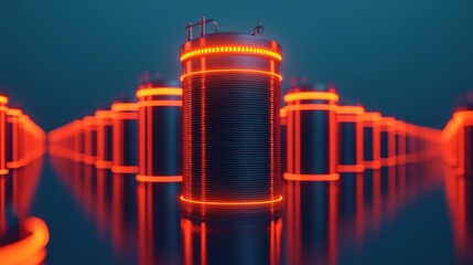 Futuristic Batteries with Neon Glow in Dark Space