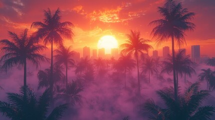 Obraz premium Sunset Cityscape with Palm Trees and Fog
