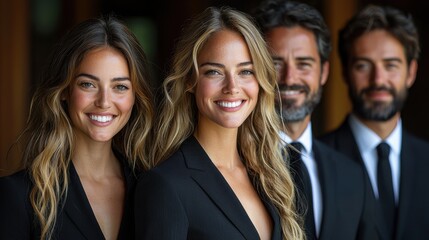 Group of four professionals posing together outdoors, showcasing friendly smiles against a blurred background on a sunny day