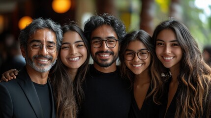 Obraz premium A joyful gathering of five family members smiling together indoors, enjoying a moment of connection during a lively day out