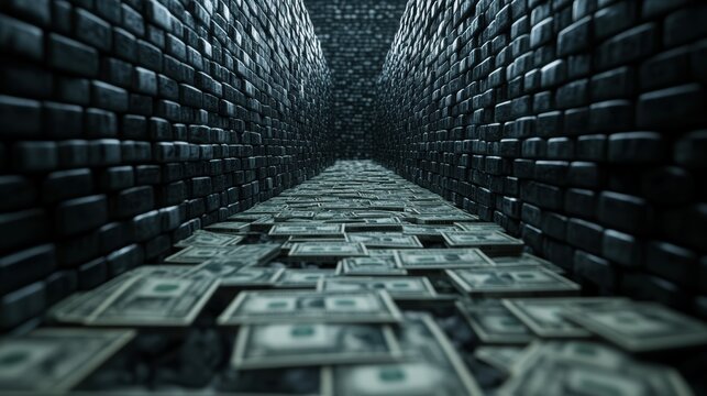 A long, narrow path filled with dollar bills between dark brick walls, symbolizing wealth, financial success, or economic journey.