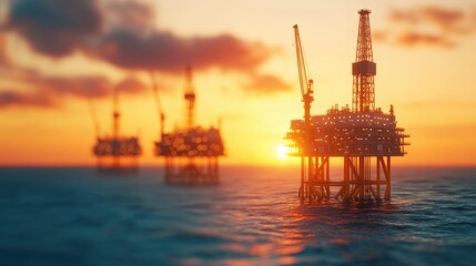 Obraz premium Offshore Oil Rig at Sunset over Calm Waters