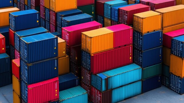 A top-down aerial view of brightly colored shipping containers stacked in a port, representing global trade, logistics, and cargo transportation.