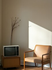 A simple and inviting living room featuring a vintage television, a leather chair, and a muted color scheme. The room is bathed in natural light streaming in from a window, creating a warm and invitin