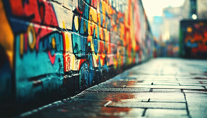 Fototapeta premium A graffiti-covered urban wall, showcasing vibrant colors, bold lines, and an edgy, artistic vibe