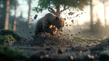 Naklejka premium Powerful Brown Bear in Forest with Sunbeams and Rocks