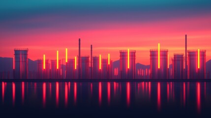 Fototapeta premium Industrial Landscape at Sunset with Neon Lights