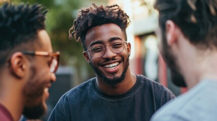 Fototapeta premium Young men smiling while enjoying a casual conversation.
