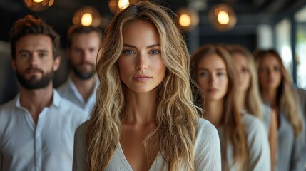 Fototapeta premium A group of people in stylish attire standing in a modern setting, showcasing unity and elegance during a relaxed gathering in the evening
