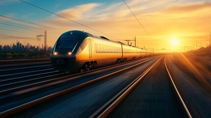 Fototapeta premium A sleek, silver high-speed train streaks across a desert landscape at sunset, with the sun casting a warm glow on the horizon, symbolizing progress, speed, adventure, and the beauty of nature.
