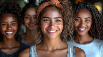 Fototapeta premium A joyful group of four diverse young women smiling together in a warmly lit indoor setting during a casual gathering with friends