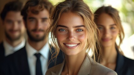Fototapeta premium A group of four smiling individuals dressed in formal attire standing together in bright natural light outdoors during the day