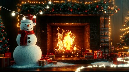 fireplace with snowman and christmas tree element decorations background. seamless looping time-lapse virtual 4k video animation background - Powered by Adobe