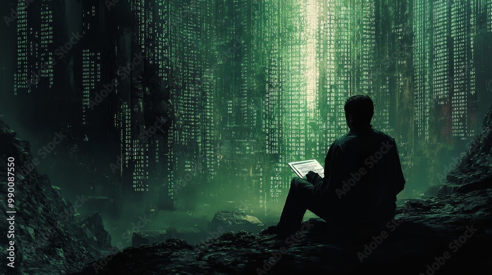 Poster a solitary coder sits amidst a towering digital landscape, illuminated by cascading lines of code, s