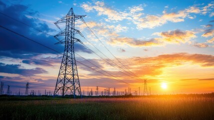Power lines and grid infrastructure at sunset, representing the critical need for protection of energy systems