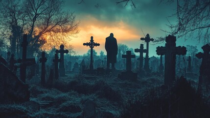 A solitary figure stands amidst a field of crosses in a cemetery, bathed in the soft glow of a setting sun. The scene evokes themes of loss, reflection, and the passage of time.