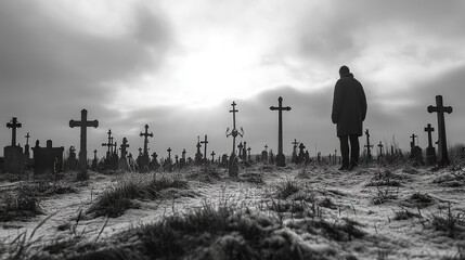 A solitary figure stands amongst a field of crosses in a cemetery, symbolizing grief, remembrance, loss, faith, and eternity.