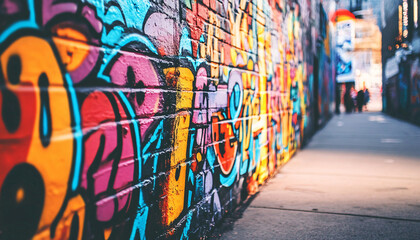 Fototapeta premium A graffiti-covered urban wall, showcasing vibrant colors, bold lines, and an edgy, artistic vibe