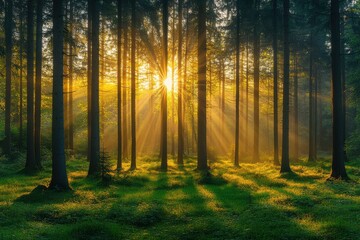 Serene Forest with Sun Rays and Mist