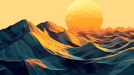 Abstract Landscape with a Large Yellow Orb and Teal Mountains