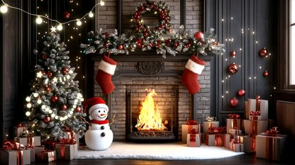 fireplace with snowman and christmas tree element decorations background. seamless looping time-lapse virtual 4k video animation background - Powered by Adobe