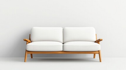 Mid-century minimalist sofa, muted fabric, thin wooden legs, light and airy room, neutral palette, 3D illustration