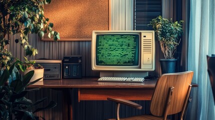 Retro workspace with a wooden chair, cork bulletin board, and a vintage computer displaying green text.