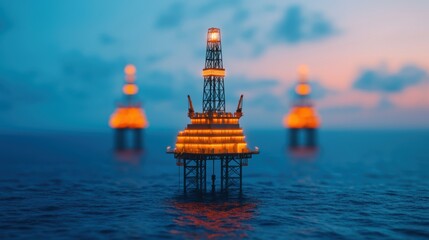 Obraz premium Illuminated Oil Rig at Sunset Over Calm Ocean