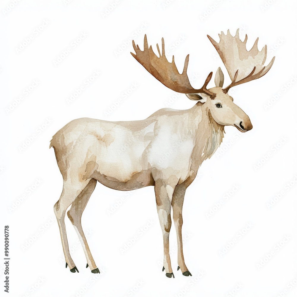 Wall mural cute moose side view - nursery watercolor drawing on white background