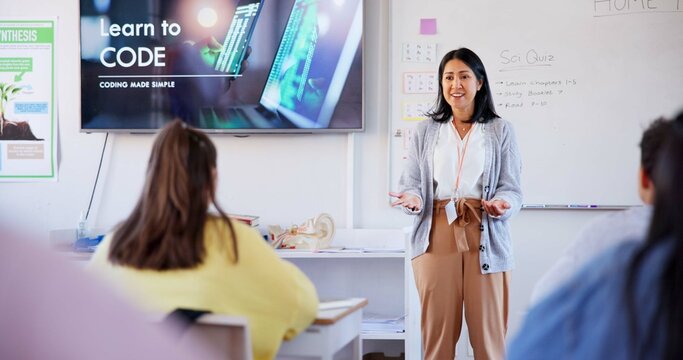 Education, teacher and students with presentation in classroom for introduction to coding and learning. Woman, kids and happy with lesson, studying and software course for knowledge and scholarship