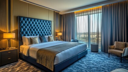  A modern hotel room with navy blue accents. The bed is in the center of the picture and has white linens. A modern armchair is on the left side. Created with Ai