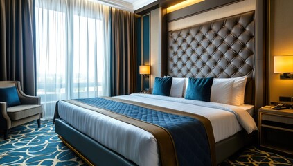 The modern hotel room features a navy blue and white color scheme, luxurious furnishings, large windows with sheer curtains, high ceilings, and an impressive headboard on the bed. Created with Ai