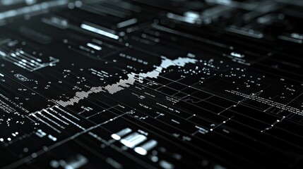 Obraz premium Stock exchange graph with bar charts, line charts, and financial data numbers floating on a sleek black background.