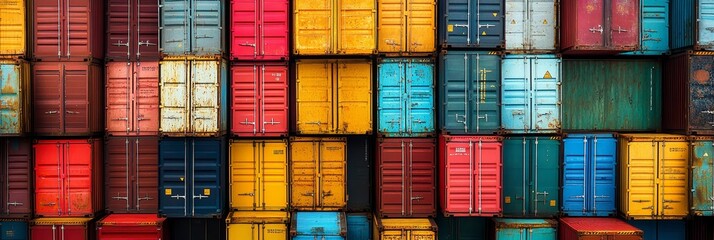 Fototapeta premium A vibrant aerial view of shipping containers, showcasing a colorful and organized pattern of stacked containers representing global trade, transportation, and logistics.