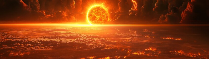 Fototapeta premium Digital illustration fiery explosion over vast landscape sky Helios, the sun god