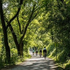 Fototapeta premium Tree-shaded bike path with a prominent sign, symbolizing safe, nature-filled cycling routes.