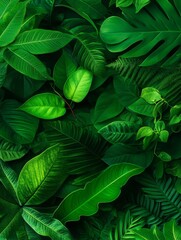 A vibrant collection of lush green leaves, showcasing the beauty and diversity of tropical foliage. The image evokes feelings of nature, growth, and abundance. It can be used for a variety of purposes