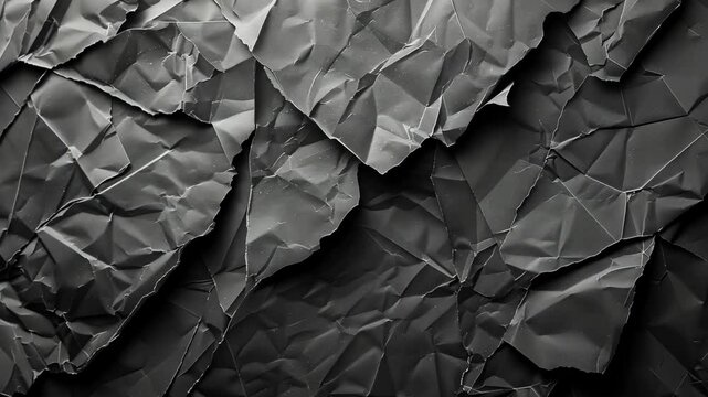 A close-up of crumpled black paper with intricate folds and creases