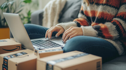 Fototapeta premium Modern Lifestyle: Young Adults Experience the Convenience of Online Shopping, Commercial Photography, Realistic Photography, Shopping, Lifestyle, Amazon