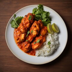 Fototapeta premium Delicious juicy tasty Chicken tikka dish well cooked with some vegetable served, Chicken tikka masala, cooked marinated chicken in spiced curry sauce