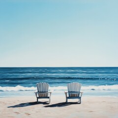 Two chairs set on a tranquil beach, facing the calm ocean waves under a cloudless sky.