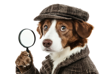 Dog wearing a detectiv coat and holding a magnifying glass, isolated on white background