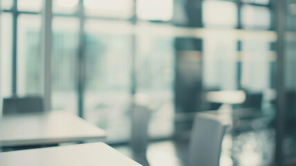 bright modern office interior, white background, blurred backdrop, glass partitions meeting room