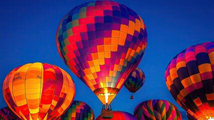 Obraz premium Vibrant hot air balloons glowing at twilight during the special evening events at the Albuquerque International Balloon Fiesta.